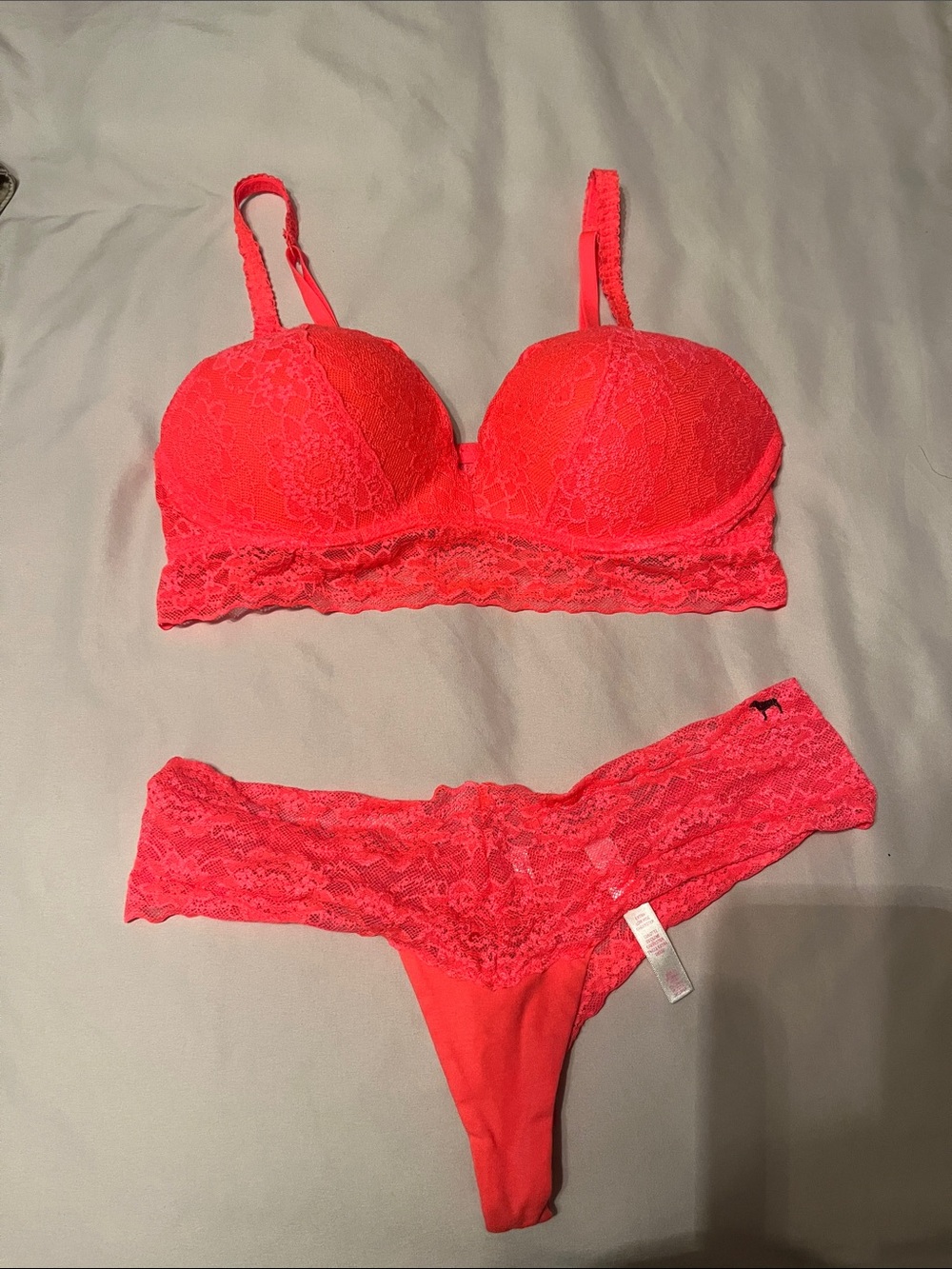 PINK Victoria's Secret Neon Coral Lace Push-Up Bra & Thong Set